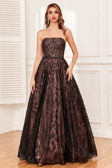 Black A Line Strapless Floor Length Ball Dress with Beading